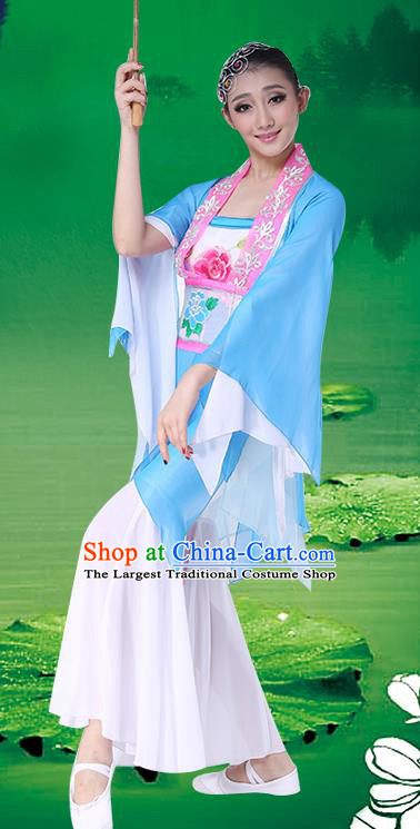 Chinese Traditional Folk Dance Blue Dress Classical Dance Umbrella Dance Costumes for Women