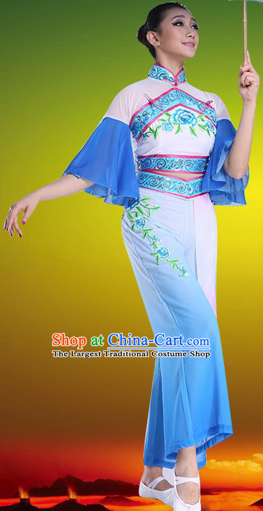Chinese Traditional Folk Dance Blue Clothing Classical Dance Umbrella Dance Costumes for Women