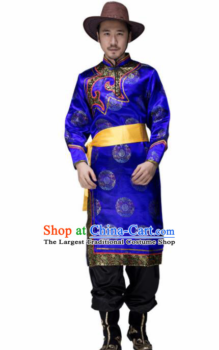 Chinese Traditional Mongolian Minority Folk Dance Clothing Mongols Ethnic Dance Blue Robe for Men
