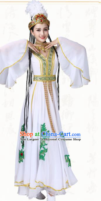 Chinese Traditional Uyghur Minority Dance White Dress Uigurian Ethnic Folk Dance Costumes for Women