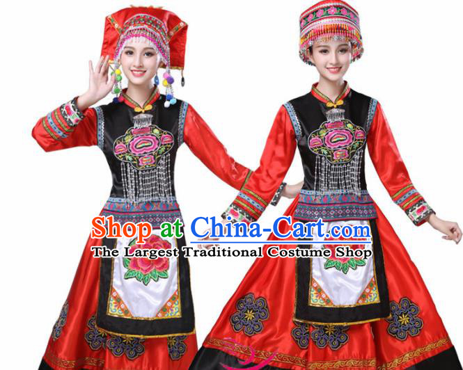 Chinese Ethnic Minority Red Dress Traditional Yi Nationality Folk Dance Costumes for Women