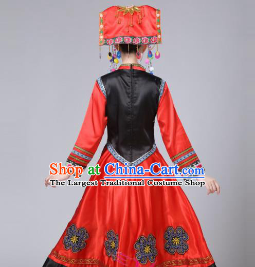 Chinese Ethnic Minority Red Dress Traditional Yi Nationality Folk Dance Costumes for Women