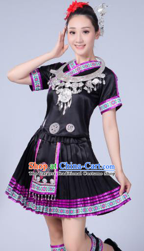 Chinese Ethnic Minority Black Dress Traditional Yi Nationality Folk Dance Costumes for Women
