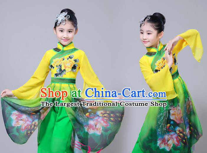 Chinese Traditional Folk Dance Green Dress Classical Dance Umbrella Dance Costumes for Kids