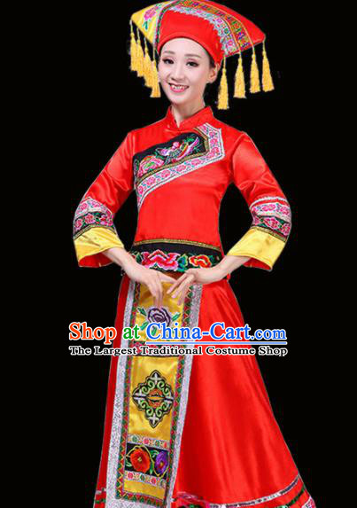 Chinese Yi Ethnic Minority Embroidered Red Dress Traditional Nationality Folk Dance Costumes for Women