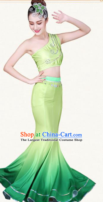 Chinese Traditional Dai Nationality Peacock Dance Green Dress Ethnic Pavane Folk Dance Costumes for Women