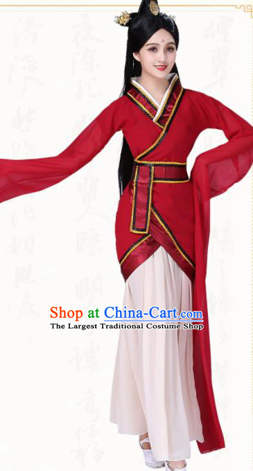 Chinese Traditional Classical Dance Red Hanfu Dress Ancient Water Sleeve Group Dance Costumes for Women