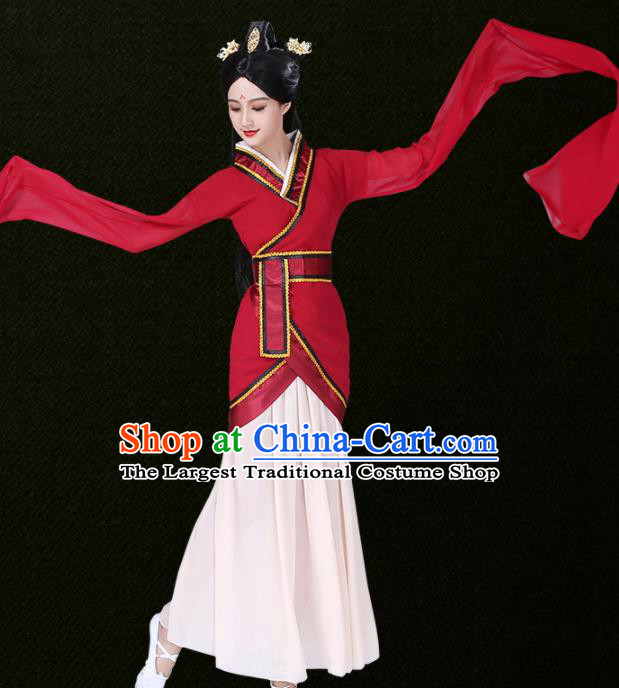 Chinese Traditional Classical Dance Red Hanfu Dress Ancient Water Sleeve Group Dance Costumes for Women