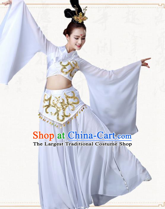Traditional Chinese Classical Dance Umbrella Dance White Dress Group Dance Costumes for Women