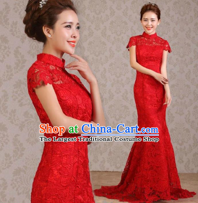 Traditional Chinese Classical Wedding Qipao Dress Bride Red Lace Cheongsam for Women