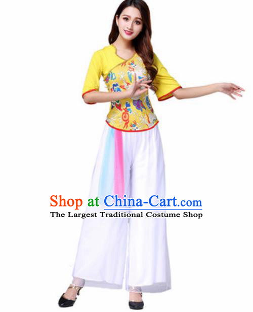 Traditional Chinese Folk Dance Yangko Costumes Fan Dance Group Dance Yellow Clothing for Women