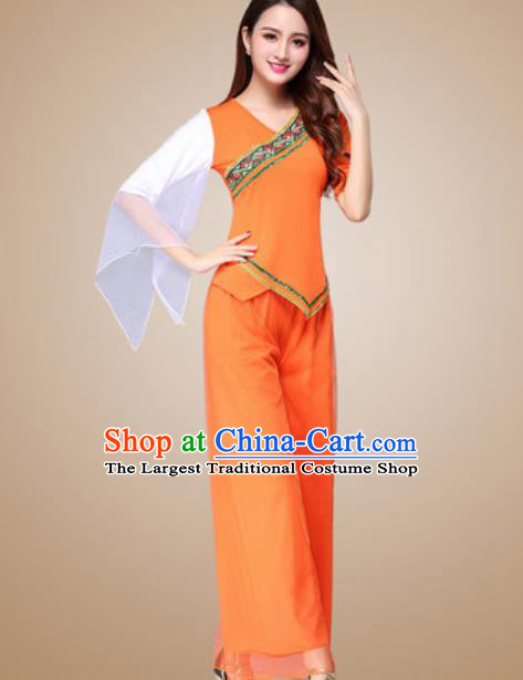 Traditional Chinese Folk Dance Yangko Costumes Fan Dance Group Dance Orange Clothing for Women