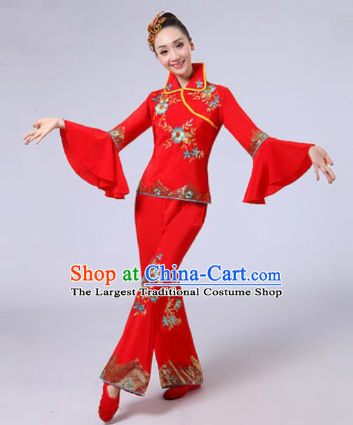 Traditional Chinese Fan Dance Yangko Costumes Folk Dance Group Dance Red Clothing for Women