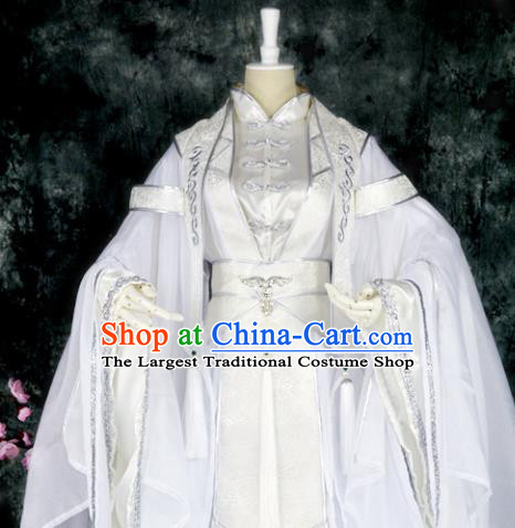 Traditional Chinese Cosplay Royal Highness White Costumes Ancient Swordsman Hanfu Clothing for Men