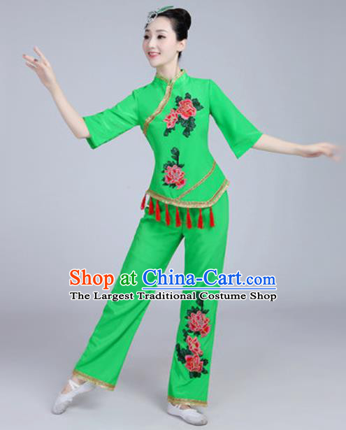 Traditional Chinese Folk Dance Fan Dance Green Costumes Yanko Dance Clothing for Women