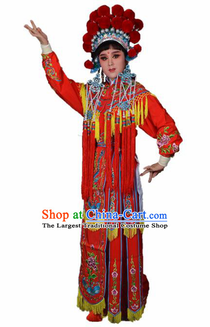 Traditional Chinese Peking Opera Blues Costumes Ancient Female General Red Dress and Hat for Adults