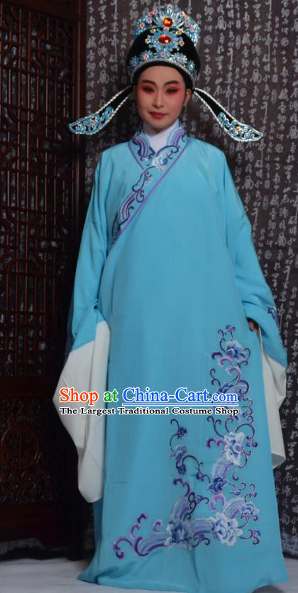 Professional Chinese Peking Opera Niche Costumes Embroidered Blue Robe for Adults