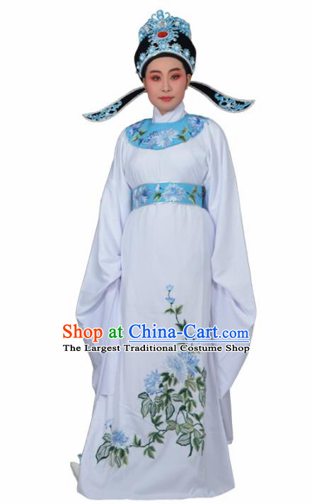 Professional Chinese Peking Opera Niche Costumes Ancient Gifted Scholar Embroidered Chrysanthemum White Robe for Adults