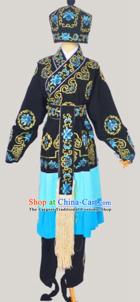 Professional Chinese Peking Opera Takefu Costumes Ancient Swordsman Embroidered Black Clothing and Hat for Adults