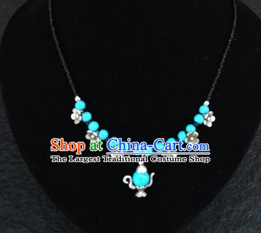 Chinese Traditional Jewelry Accessories Yunnan National Blue Beads Flagon Necklace for Women