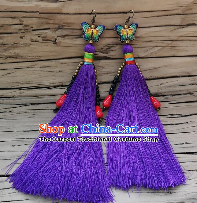 Chinese Traditional Embroidered Butterfly Earrings Yunnan National Purple Tassel Eardrop for Women