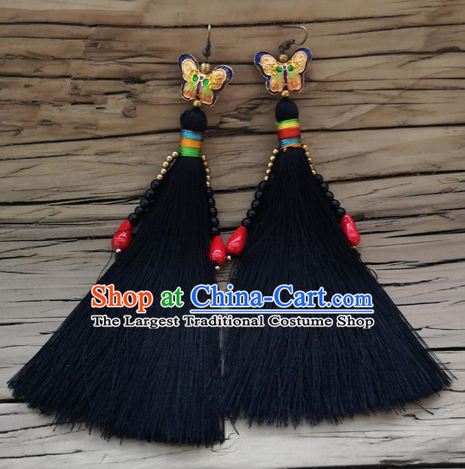 Chinese Traditional Embroidered Butterfly Earrings Yunnan National Black Tassel Eardrop for Women