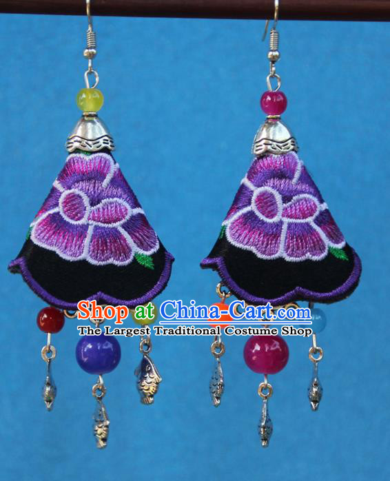 Chinese Traditional Embroidered Purple Earrings Yunnan National Minority Tassel Eardrop for Women