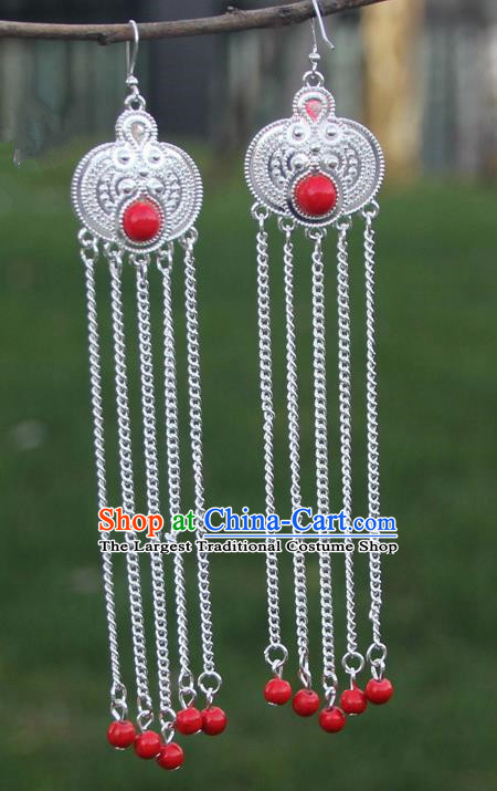 Chinese Traditional Red Beads Tassel Earrings Yunnan National Minority Eardrop for Women