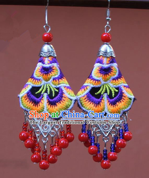 Chinese Traditional Embroidered Purple Peony Earrings Yunnan National Tassel Eardrop for Women
