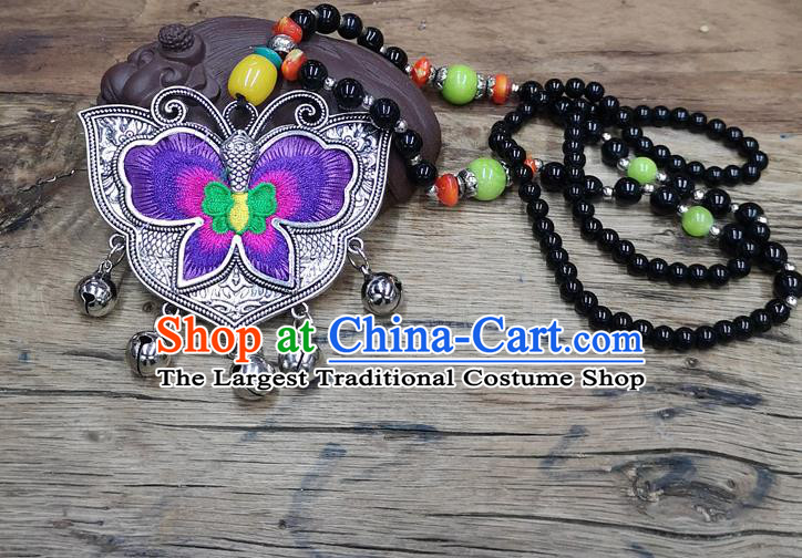 Chinese Traditional Jewelry Accessories Yunnan Miao Minority Embroidered Purple Butterfly Necklace for Women