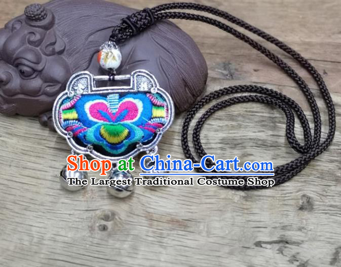 Chinese Traditional Accessories Yunnan Minority Necklace Embroidered Blue Butterfly Longevity Lock for Women