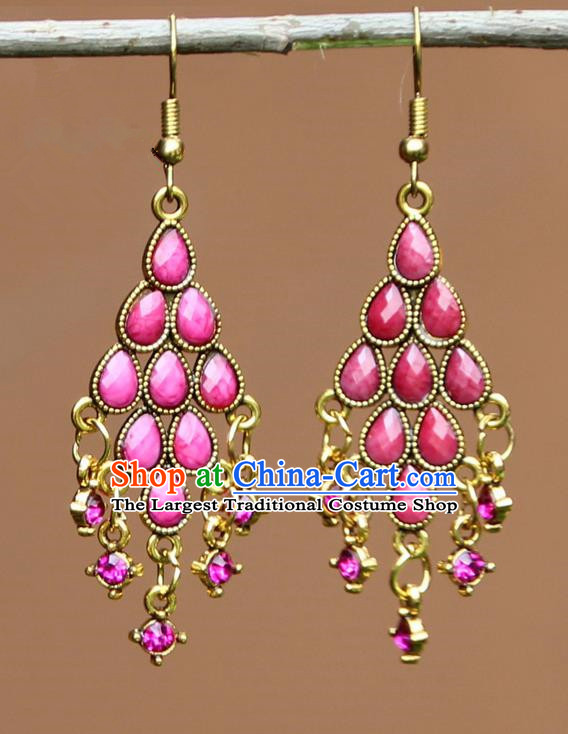 Chinese Traditional Pink Crystal Earrings Yunnan National Minority Ear Accessories for Women