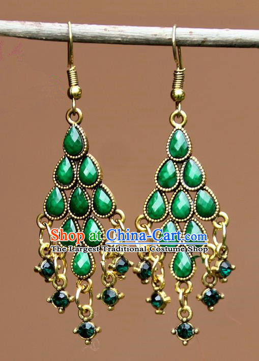 Chinese Traditional Green Crystal Earrings Yunnan National Minority Ear Accessories for Women