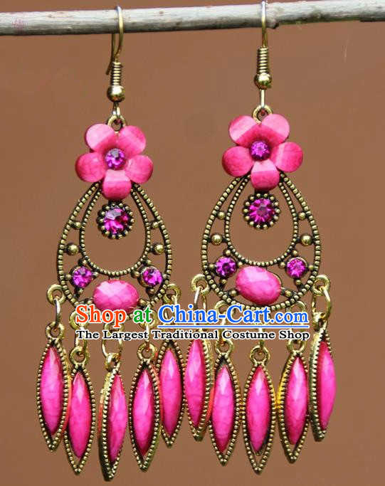 Chinese Traditional Pink Flower Earrings Yunnan National Minority Ear Accessories for Women