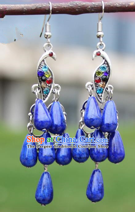 Chinese Traditional Royalblue Peacock Tassel Earrings Yunnan National Minority Ear Accessories for Women