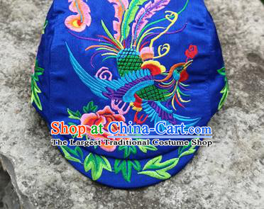 Chinese Traditional Embroidered Phoenix Peony Yunnan Dai Minority Royalblue Cap for Women