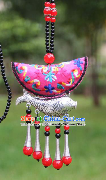 Chinese Traditional Accessories Yunnan Minority Embroidered Rosy Sliver Fish Necklace for Women