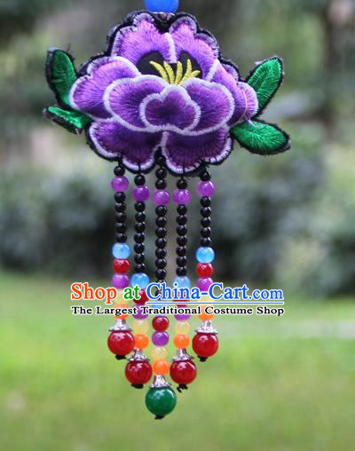 Chinese Traditional Jewelry Accessories Yunnan Minority Embroidered Purple Peony Tassel Necklace for Women