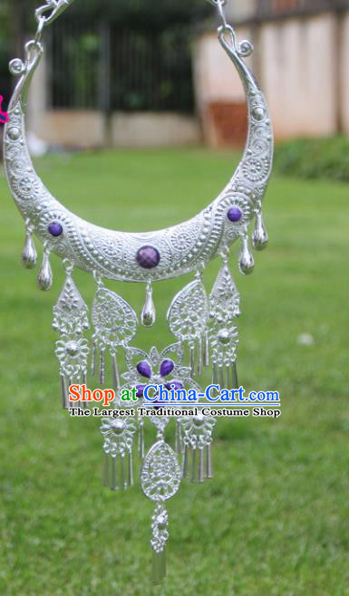 Chinese Traditional Ethnic Accessories Yunnan Miao Minority Purple Sliver Necklace for Women