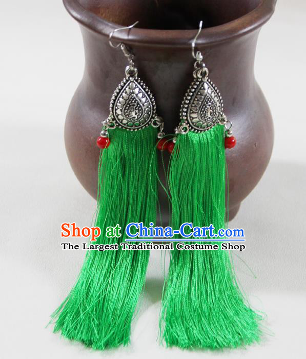 Chinese Traditional Ethnic Green Tassel Earrings Yunnan National Ear Accessories for Women