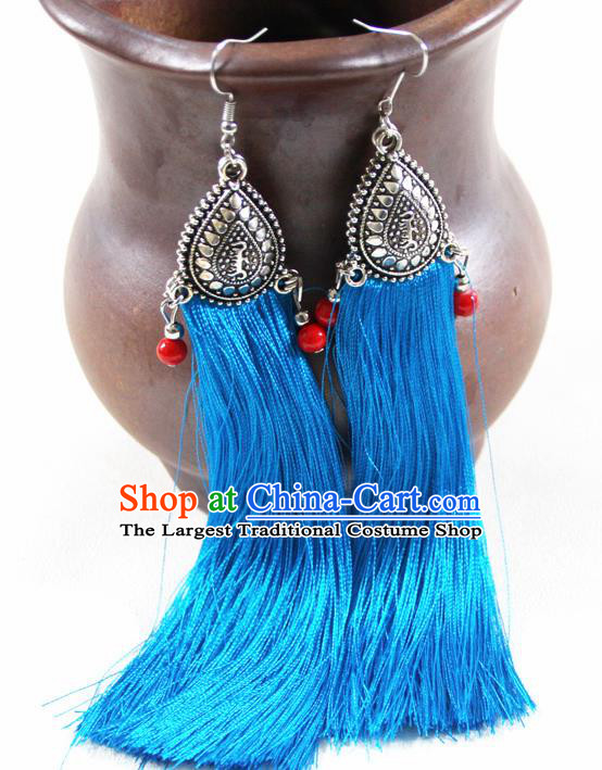 Chinese Traditional Ethnic Blue Tassel Earrings Yunnan National Ear Accessories for Women