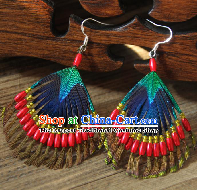 Chinese Traditional Ethnic Red Beads Feather Earrings National Ear Accessories for Women