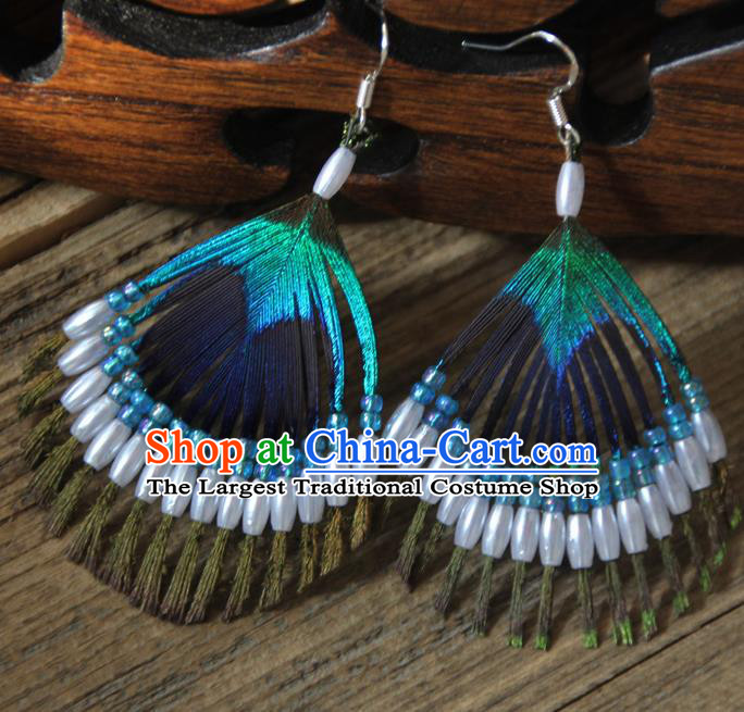 Chinese Traditional Ethnic White Beads Feather Earrings National Ear Accessories for Women