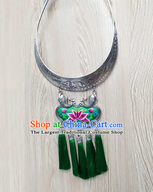 Chinese Traditional Miao Minority Green Embroidered Sliver Necklace Ethnic Folk Dance Accessories for Women