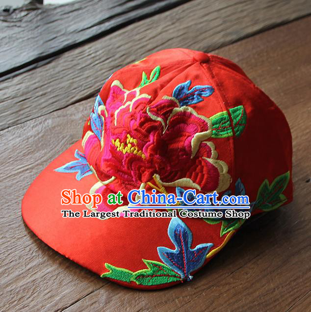 Chinese Traditional Embroidered Peony Red Baseball Cap Yunnan Minority Hat for Women