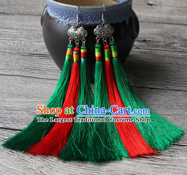 Chinese Traditional Ethnic Red and Green Tassel Earrings National Longevity Lock Ear Accessories for Women