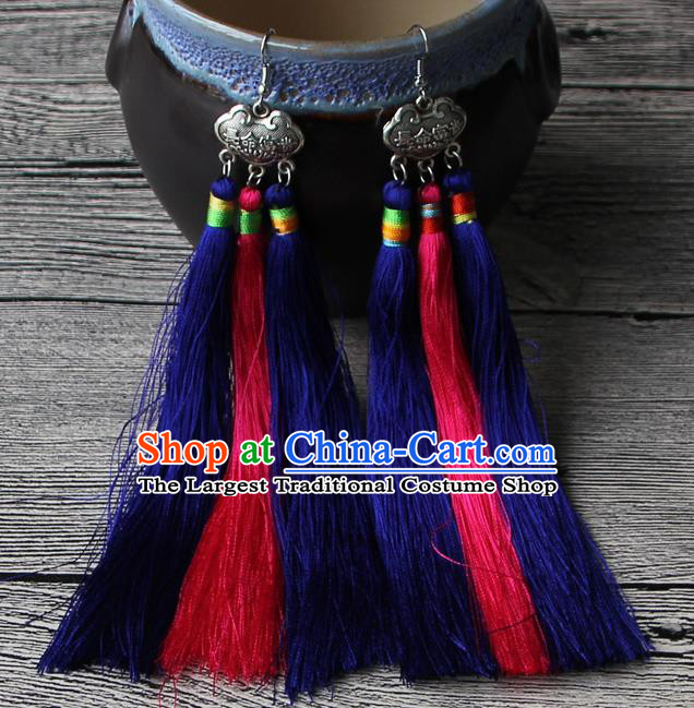 Chinese Traditional Ethnic Royalblue and Pink Tassel Earrings National Longevity Lock Ear Accessories for Women
