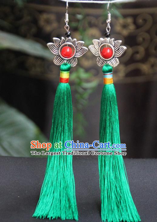 Chinese Traditional Ethnic Green Tassel Lotus Earrings National Ear Accessories for Women