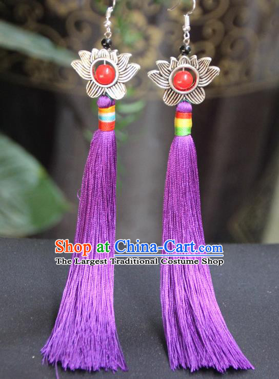 Chinese Traditional Ethnic Purple Tassel Lotus Earrings National Ear Accessories for Women