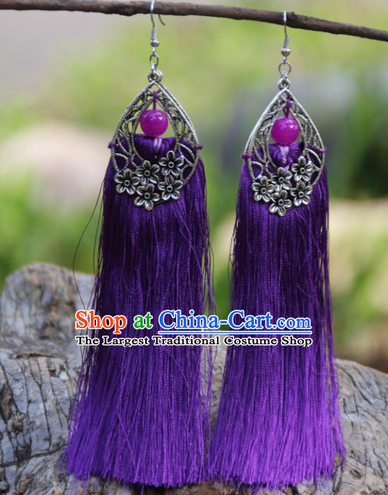 Chinese Traditional National Ethnic Bride Earrings Purple Tassel Ear Accessories for Women